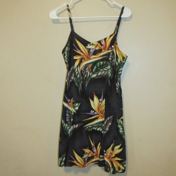 Vintage Black Mini Dress MCM 50's Tropical Leaves Hawaii sz S - Picture 1 of 1